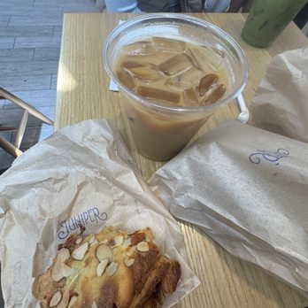 Juniper - Pistachio Rose latte with oat milk and Banana and chocolate croissant - Coffee & Tea Near Me - San Francisco, California Juniper - Pistachio Rose latte with oat milk and Banana and chocolate croissant - Coffee & Tea Near Me - San Francisco, California