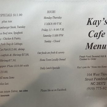 Kay's Cafe' -  the menu for the restaurant - American Near Me - Pembroke, North Carolina