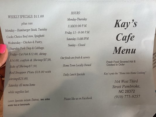 Menu photo 1 Kay's Cafe' Pembroke, NC