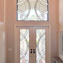 Glass Design - Custom Circles double door with matching transom window.