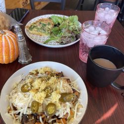Cruise In - Cowboy Bowl is a sweet potato brisket hash, with two eggs and cheese--delicious! My wife enjoyed a flaky crusted quiche and green salad.