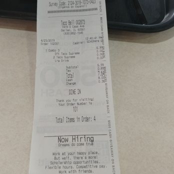 Taco Bell - my bill today the combo #3. 3 Taco Supremes and a large drink. decide to go with two hard one soft today - Fast Food Near Me - Darien, Illinois Taco Bell - my bill today the combo #3. 3 Taco Supremes and a large drink. decide to go with two hard one soft today - Fast Food Near Me - Darien, Illinois