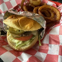 Brawlers Burgers & Wings - Jalapeño Burger and onion rings