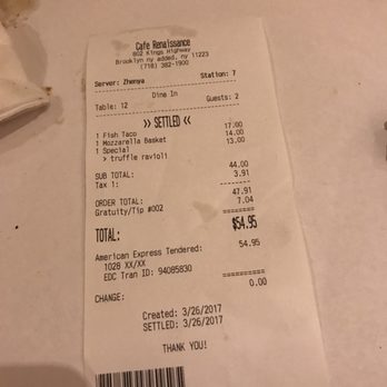 Cafe Renaissance - They gave themselves a tip. - Kosher Near Me - Brooklyn, New York