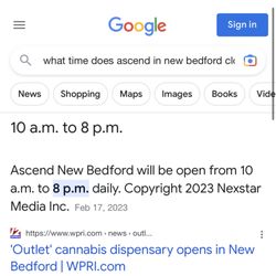 Ascend Cannabis Dispensary - New Bedford - Wrong time on search and no time set on website