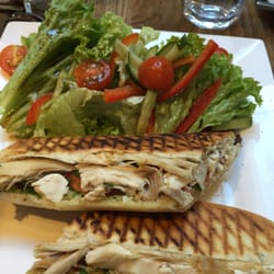 The Coffee House - Yummmm. Roast chicken panini with mayo, tomato, chives.  Small side salad. Relish.