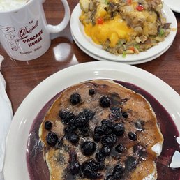 Hot chocolate, blueberry pancakes and O'Brien hash browns with cheese