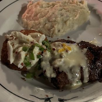 Saltgrass Steak House - Steak and Cake. Fillet steak with crab cake, lemon butter, scallions, and extra lump crab meat on top. HIGHLY RECOMMEND!!! - Steakhouses Near Me - Houston, Texas