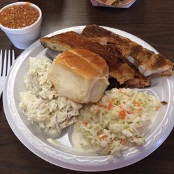 Hog Heaven - My rib plate, with their standard sides of coleslaw, potato salad, and baked beans, but other sides can be substituted.