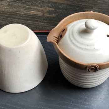 Katsute 100 - Genmaicha, served in a lovely ceramic tea set. - Tea Rooms Near Me - London, XGL