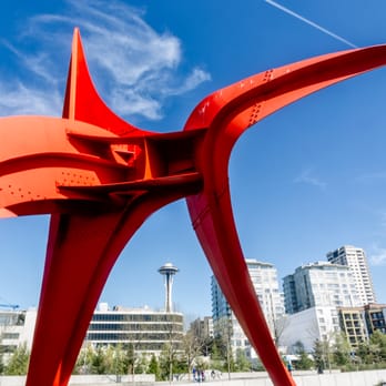 Olympic Sculpture Park - The Eagle, by Alexander Calder, with the Space Needle in the background - Parks Near Me - Seattle, Washington Olympic Sculpture Park - The Eagle, by Alexander Calder, with the Space Needle in the background - Parks Near Me - Seattle, Washington