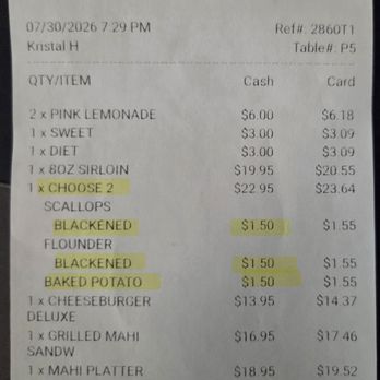 Salt Water Grille - 2x upcharge for blackened on Choose 2 platter. Menu says fries or baked potato, upcharged $1.50. Plus credit card fee. - American Near Me - Longs, South Carolina