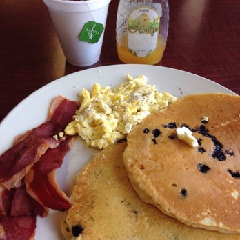 Pavlos' Restaurant - Two pancakes with scrambled eggs and turkey bacon. - Diners Near Me - Auburn, New York Pavlos' Restaurant - Two pancakes with scrambled eggs and turkey bacon. - Diners Near Me - Auburn, New York