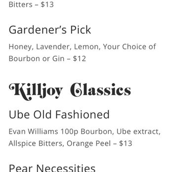 Killjoy - A few current menu items - Cocktail Bars Near Me - Raleigh, North Carolina