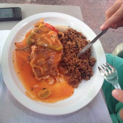 Kim's - Stewed snapper filet, rice and plantain.