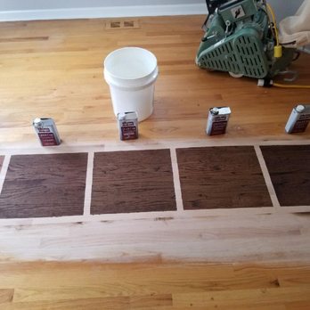 JP Hardwood Flooring - Duraseal samples on red oak.  Left to right: English Chesnut, Antique Brown, Dark Walnut, Medium Brown, Spice Brown. We chose Dark Walnut. - Flooring Near Me - Chicago, Illinois