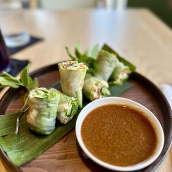 LUA Asian Fusion Eatery - Spring Rolls (V) Rice Paper Rolls filled with pickled red cabbage, hon-shimeji mushrooms, mint, carrot, and daikon and peanut dipping sauce - Asian Fusion Near Me - Dana Point, California