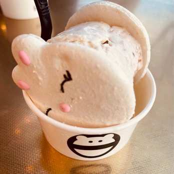 Mini Monster Cafe - Macaron seasonal (vanilla) with brown butter toffee ice cream. Delicious ~$5 - Ice Cream & Frozen Yogurt Near Me - Long Beach, California Mini Monster Cafe - Macaron seasonal (vanilla) with brown butter toffee ice cream. Delicious ~$5 - Ice Cream & Frozen Yogurt Near Me - Long Beach, California