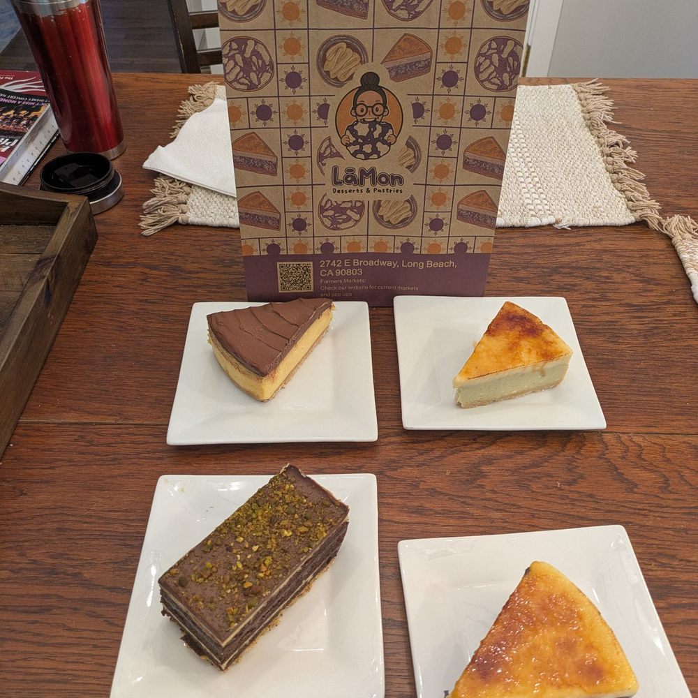 LAMON - Top:Passion fruit calamansi cheesecake, avocado brulee cheesecake Btm: ube brulee cheesecake and Burj ( Dubai chocolate) - Bakeries Near Me - Long Beach, California LAMON - Top:Passion fruit calamansi cheesecake, avocado brulee cheesecake Btm: ube brulee cheesecake and Burj ( Dubai chocolate) - Bakeries Near Me - Long Beach, California