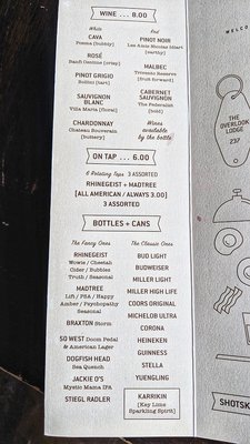 Menu photo 8 Overlook Lodge: A Rustic Watering Hole Cincinnati, OH