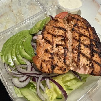 Alba's Pizzeria & Restaurant - Garden salad with avocado and grilled salmon. (Ranch dressing) - Pizza Near Me - Jamaica, New York