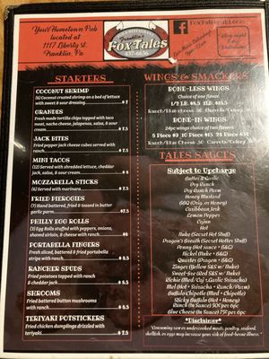 Menu photo 2 Fox Tales Pub Franklin, PA