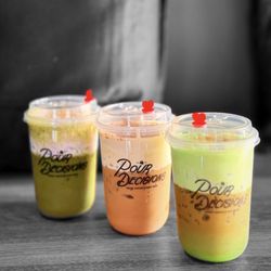 Pour Decisions Craft - Matcha blueberry, peanut butter latte, pandan latte
