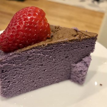 Uncle Tetsu - Cross section of the Ube cheesecake with added strawberries - Desserts Near Me - San Mateo, California