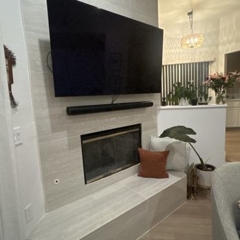 The Tile Store - Tarzana - Fireplace - new tile, including bench, all the way to the high living ceiling. - Flooring Near Me - Tarzana, California