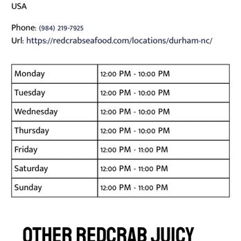 Red Crab Juicy Seafood - Durham - Website photo that states closing time in 11pm - Cajun/Creole Near Me - Durham, North Carolina Red Crab Juicy Seafood - Durham - Website photo that states closing time in 11pm - Cajun/Creole Near Me - Durham, North Carolina
