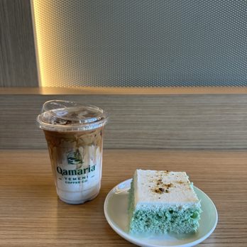 Qamaria Yemeni Coffee - Iced Qamari Latte, Pistachio Milk Cake - IG @bougiefoodieboi - Desserts Near Me - Redmond, Washington