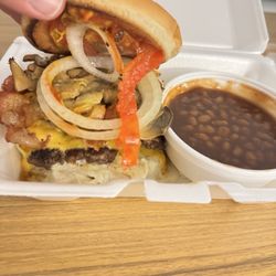 Nelson’s Burger Bar - The Nelson with sautéed mushrooms, bacon and blue cheese dressing added, and a side of baked beans