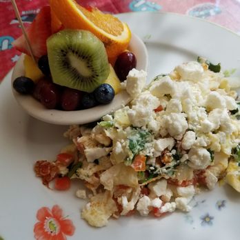 The Cup Cafe - Close up of Feta Omelet w/fresh fruit ~ perfection!! - Breakfast & Brunch Near Me - Reno, Nevada The Cup Cafe - Close up of Feta Omelet w/fresh fruit ~ perfection!! - Breakfast & Brunch Near Me - Reno, Nevada