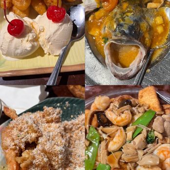 Banana Island - Clockwise from top: fried banana ice cream, steamed fish with nyonya sauce, singapore tofu, coconut jumbo prawns - Thai Near Me - Daly City, California