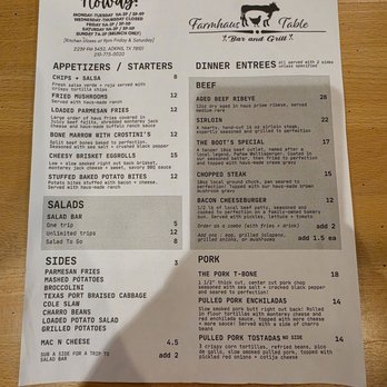 Farmhaus Table Bar & Grill - Menu front - Breakfast & Brunch Near Me - Adkins, Texas
