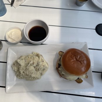 Maxon's American Grill - French Onion Burger with mashed potatoes, horseradish sauce, and au jus. - New American Near Me - Glenville, New York Maxon's American Grill - French Onion Burger with mashed potatoes, horseradish sauce, and au jus. - New American Near Me - Glenville, New York