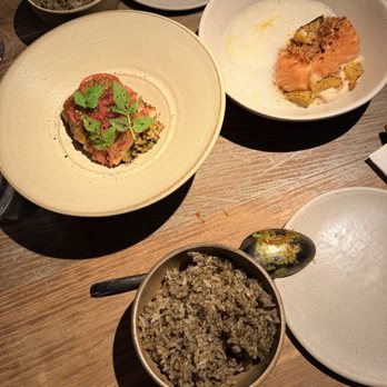 Atoboy - Pork Jowl and Salmon with rice accompaniment - Korean Near Me - New York, New York