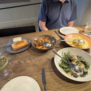 Camper - The basilisk, Cast Iron Cornbread, Rigatoni + Ragu, Squid Salad, Creamy Dungeness Crab Spaghetti - New American Near Me - Menlo Park, California
