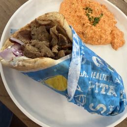 Lamb Gyro with roasted red pepper humus Lamb Gyro with roasted red pepper humus