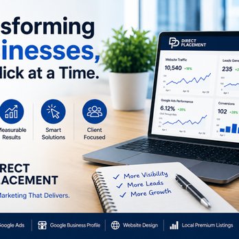 Direct Placement - Direct Placement LLC digital marketing banner featuring the company's slogan, "Transforming Businesses, One Click at a Time,"... - Marketing Near Me - Wood Village, Oregon Direct Placement - Direct Placement LLC digital marketing banner featuring the company's slogan, "Transforming Businesses, One Click at a Time,"... - Marketing Near Me - Wood Village, Oregon