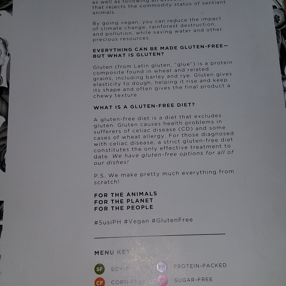 Susi - Inside menu- Vegan and Gluten Free. Offering some soy free and nut free items - Vegetarian Near Me - Taguig, NCR Susi - Inside menu- Vegan and Gluten Free. Offering some soy free and nut free items - Vegetarian Near Me - Taguig, NCR