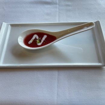 The Bay House - Amuse bouche- strawberry watermelon with yogurt on top - yum! - New American Near Me - Dayton, Oregon The Bay House - Amuse bouche- strawberry watermelon with yogurt on top - yum! - New American Near Me - Dayton, Oregon