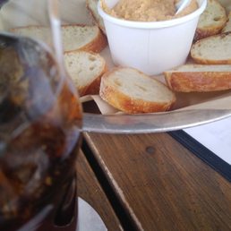 Hummus, baguette, and homemade root beer