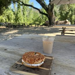 Iced Vanilla Latte and Jalapeño Cheddar Bagel with Cream Cheese