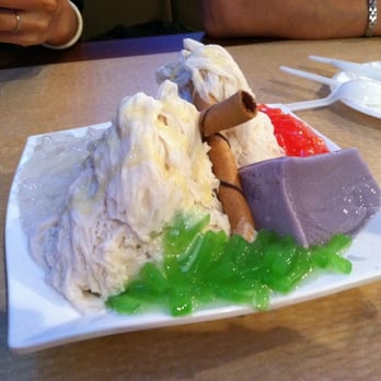 Nu Cafe - Taro snowflake ice with purple taro pudding (yum), green grass jelly, red jelly, and love letter wafers. - Ice Cream & Frozen Yogurt Near Me - Houston, Texas Nu Cafe - Taro snowflake ice with purple taro pudding (yum), green grass jelly, red jelly, and love letter wafers. - Ice Cream & Frozen Yogurt Near Me - Houston, Texas