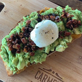 Carmela Coffee - Pompano Beach - Avocado Toast with Bacon and poached egg. - Cafes Near Me - Pompano Beach, Florida