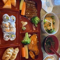 Sake Cafe of Elmwood - Dinner Bento Box with Beef Teriyaki and Salmon. Fried Rice, Miso Soup, Garden Salad.