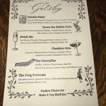 The Gatsby - Cocktail menu - A printed cocktail menu from The Gatsby features vintage illustrations, including a rabbit, a caterpillar, and a woman, with a list of themed drinks and prices. - Speakeasies Near Me - Chicago, Illinois