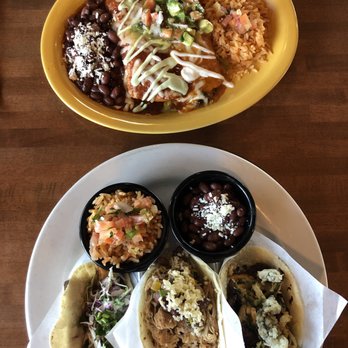 Cocina Madrigal - Beef and mushroom enchiladas and the 3 corn tortilla taco (from left to right: tropical fish, chicken, and beef). - Tacos Near Me - Phoenix, Arizona