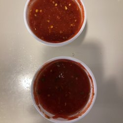 El Tapatio - Hot salsa on top and regular salsa at bottom - both fantastic. Comes with chips